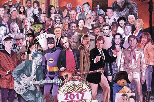 Колаж од славните личности кои починаа во 2017 година
